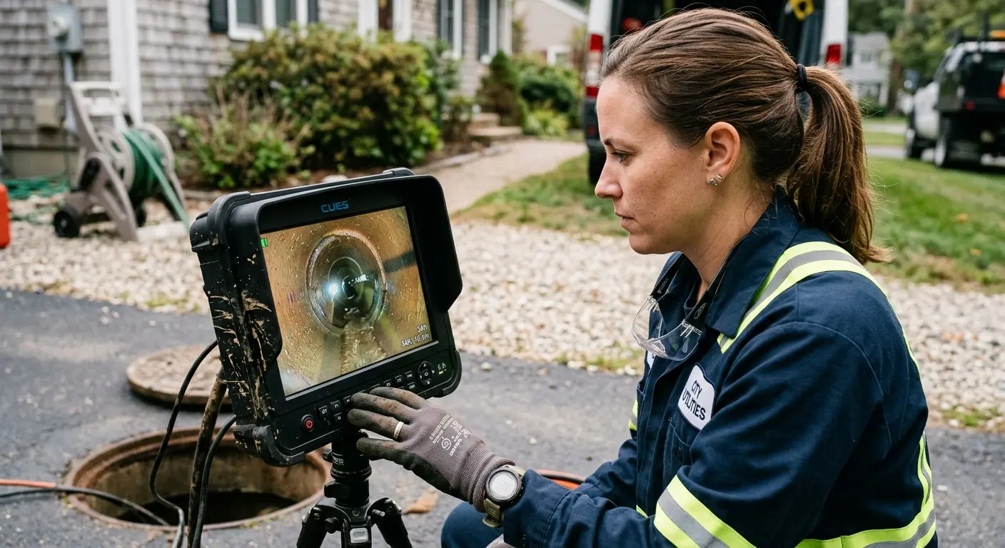 Technician reviewing sewer camera inspection footage in Smithfield