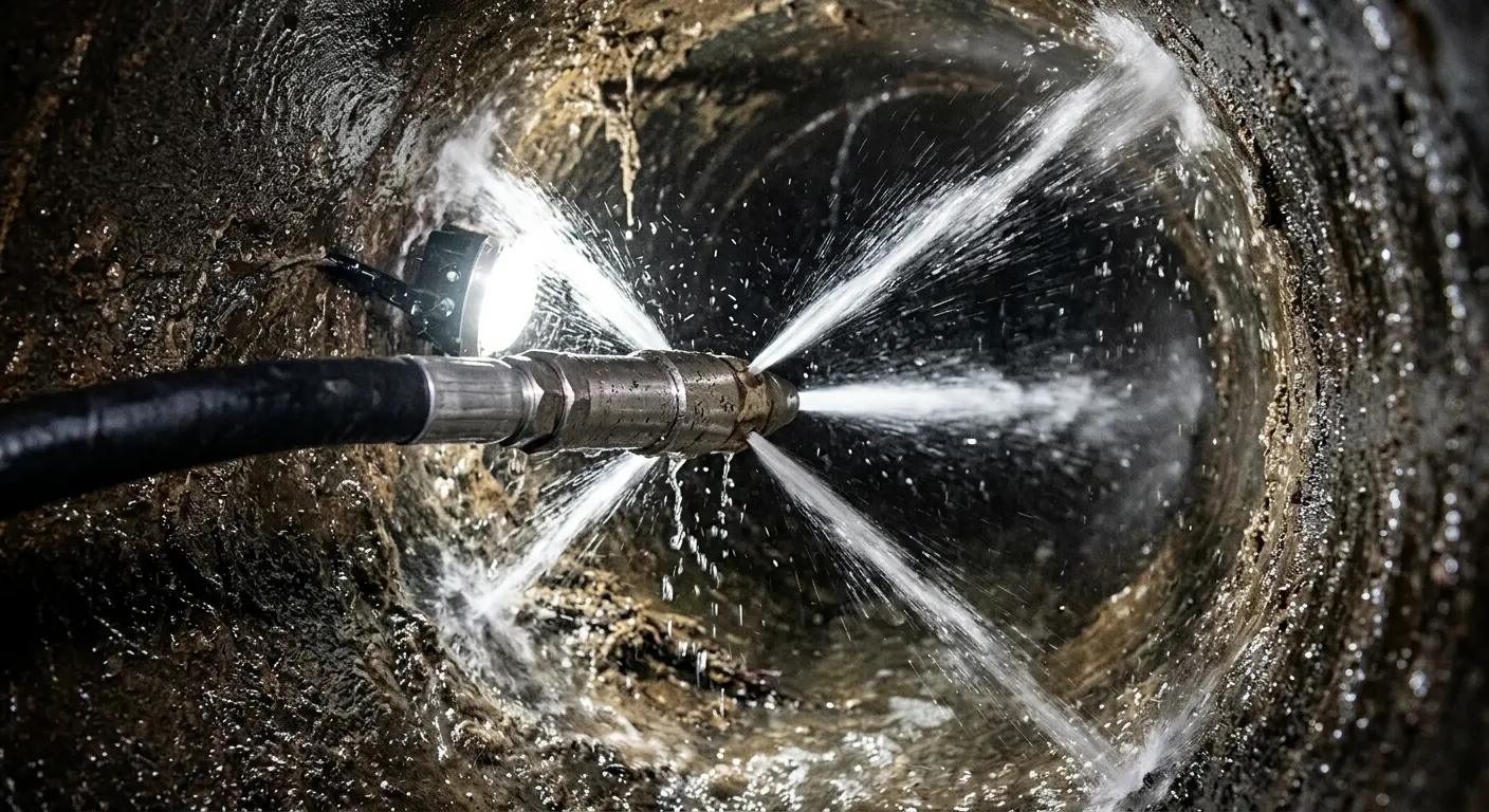 High-pressure hydro jetting nozzle cleaning sewer pipe for Trenchless Sewer Repair in Smithfield