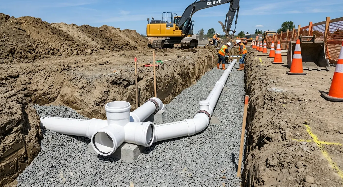 New PVC sewer pipe installation in open trench for Commercial Drain Cleaning in Smithfield