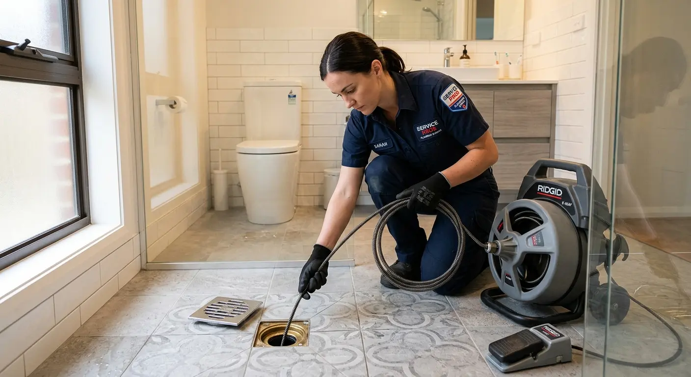 Technician clearing a bathroom floor drain for Hydro Jetting in Smithfield